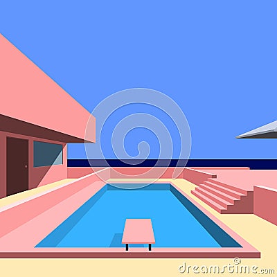 Vector cottage exterior with swimming pool, modern house conceptual design Vector Illustration